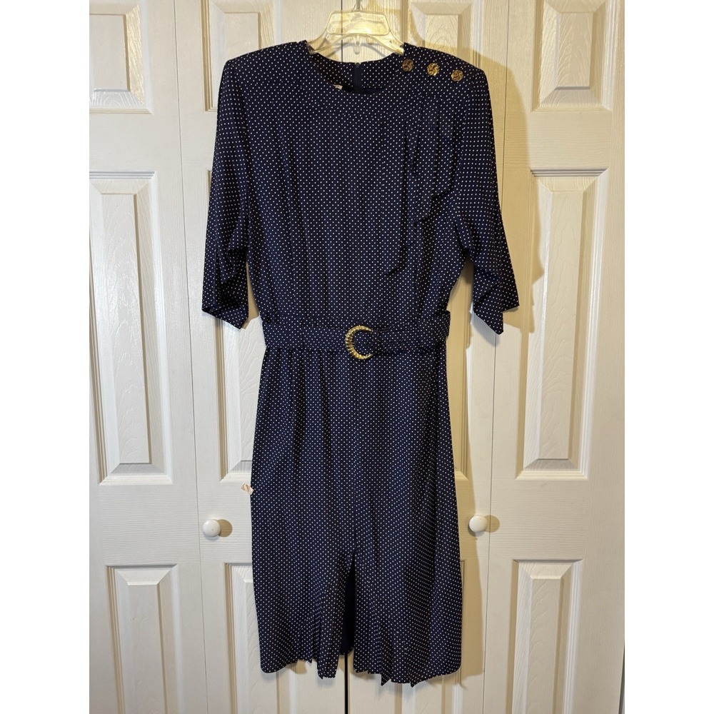 Willy Influence Vintage Navy Polka Dot Belted Midi Dress Gold Buttons 80s 12